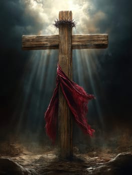Wooden cross with crown of thorns. AI generative.