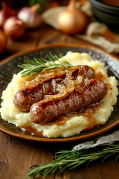 Traditional Polish dish, potatoes with baked kielbasa and onion sauce. AI generative.