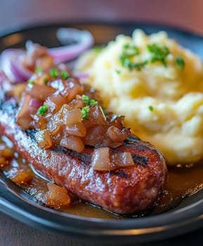 Traditional Polish dish, potatoes with baked kielbasa and onion sauce. AI generative.