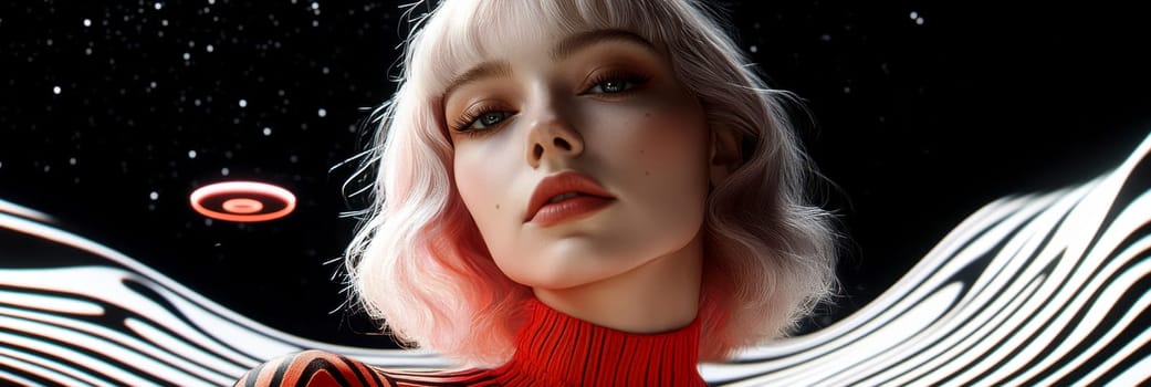 Woman with light hair dressed in 70s style , UFO visible in the background. AI generative.