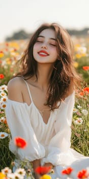 A positive, smiling girl sitting on a sunlit meadow . AI generative.
