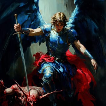Archangel Michael in blue and red colors, with a sword drawn over a demon lying on a black background. AI generative.
