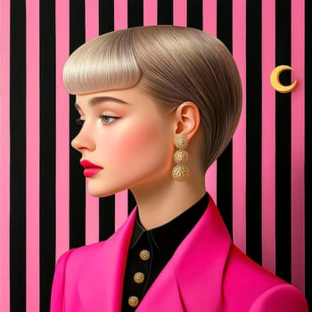 Woman with light hair dressed in 70s style , UFO visible in the background. AI generative.