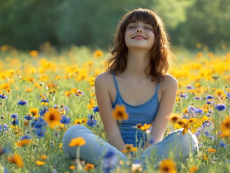 A positive, smiling girl sitting on a sunlit meadow . AI generative.