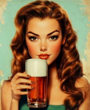 A woman styled in the 1950s holding a glass of beer. Vintage poster. AI generative.