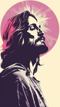 A poster with an image of Jesus, printed in a simplified vector art style, AI generative.