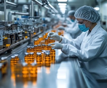 pharmaceutical production line, workers in lab coats and masks . AI generative.