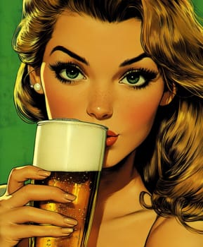 A woman styled in the 1950s holding a glass of beer. Vintage poster. AI generative.