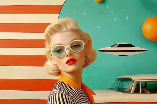 Woman with light hair dressed in 70s style , UFO visible in the background. AI generative.