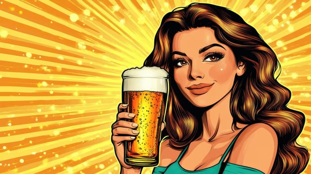 A woman styled in the 1950s holding a glass of beer. Vintage poster. AI generative.