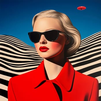Woman with light hair dressed in 70s style , UFO visible in the background. AI generative.