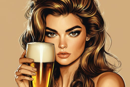 A woman styled in the 1950s holding a glass of beer. Vintage poster. AI generative.