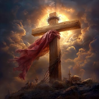 Wooden cross with crown of thorns. AI generative.