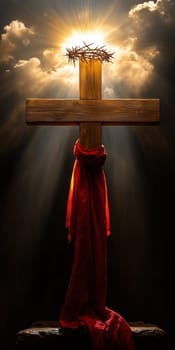 Wooden cross with crown of thorns. AI generative.