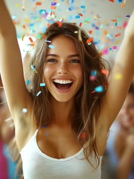 oung woman, celebrating with her arms raised high in the air, surrounded by colorful confetti.  AI generative.
