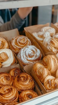 A variety of freshly baked pastries with golden crusts and sugar dusting, beautifully arranged in a display case.