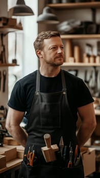 A skilled artisan stands in his workshop, wearing an apron and surrounded by tools, embodying craftsmanship.