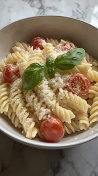 A bowl of Italian pasta topped with cherry tomatoes, basil leaves, and grated cheese, offering a taste of Italy.
