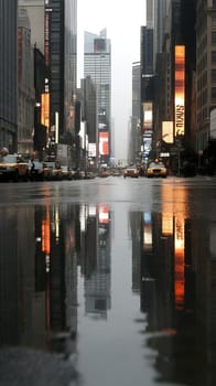 City street with skyscrapers reflecting in a puddle on a rainy day, capturing urban life and architecture.