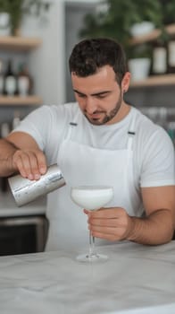 Skilled bartender in an apron pouring a creamy cocktail into a glass, showcasing precision and expertise.