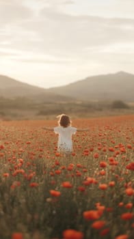 A child joyfully runs through a vibrant poppy field under the warm glow of a sunset, embracing freedom.