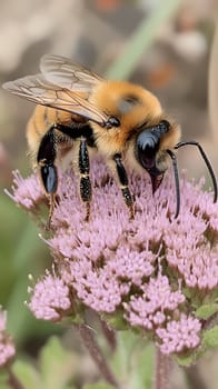 A bee gathers nectar from a pink flower, showcasing the intricate details of its wings and fuzzy body.