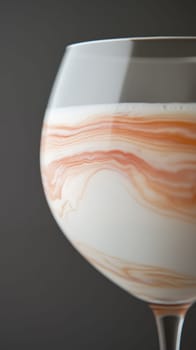 Close up of a beverage with swirling colors in a glass, showcasing its artistic pattern on a dark background.