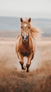 A stunning horse with flowing mane gallops freely through a golden field, embodying strength and grace.
