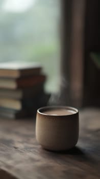 A steaming cup of hot beverage beside a stack of books, capturing the essence of relaxation and warmth.