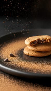 Close up of chocolate chip cookies sprinkled with cocoa dust on a black plate, tempting and delicious.