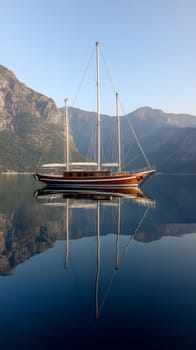 A sailboat is perfectly mirrored on the calm, glassy water, with towering mountains in the background.