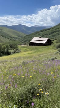 A rustic cabin nestled in a valley surrounded by blooming wildflowers with a backdrop of majestic mountains.