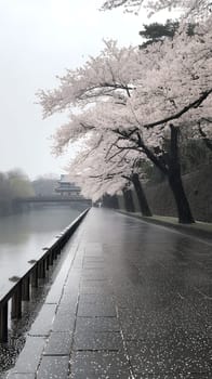 Cherry blossom trees line a riverside path, their petals gently falling in the rain, creating a picturesque spring scene.