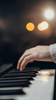 A close up of a pianist's hand gracefully playing the piano keys, capturing the essence of musical artistry.