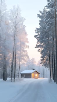 A cozy cabin glows warmly amidst a snowy forest, offering a serene winter retreat surrounded by nature.