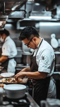 Professional chef in a bustling kitchen preparing a gourmet dish, showcasing culinary expertise and creativity.