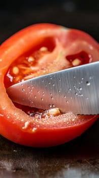A sharp knife slices through a juicy tomato, highlighting the fresh, vibrant texture and rich color.
