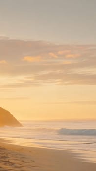 A serene beach at sunset with gentle waves and a warm glow, offering a peaceful and calming view.