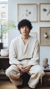 A contemplative man sits in a minimalist room, surrounded by modern art and simple decor.