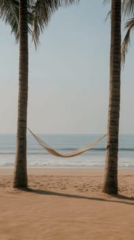 An inviting hammock suspended between two palm trees overlooking the tranquil ocean, perfect for relaxation.
