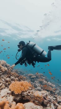 A scuba diver explores a vibrant coral reef teeming with colorful fish, capturing the wonder of the underwater world.