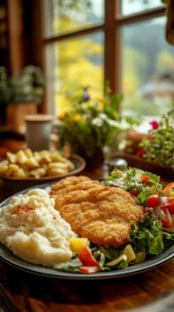 delicious homemade schnitzel on a plate, surrounded by fresh salad and a side of mashed potatoes. AI generative.