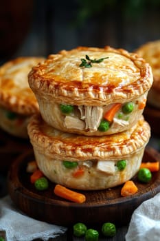 Golden mini chicken pot pie muffins with a flaky crust and creamy filling of chicken. AI generative.