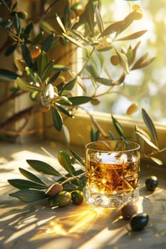 Olive oil, olives and olive branches. AI generative.