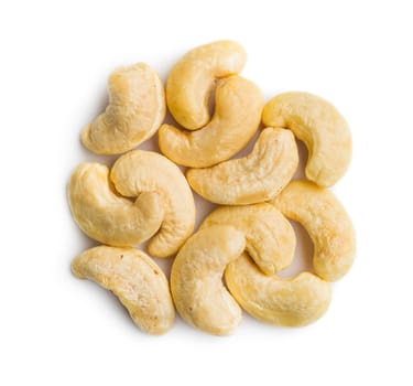 Roasted cashew nuts isolated on a white background.