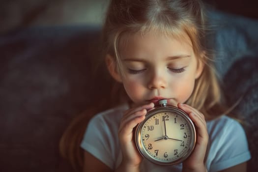 Cute young girl setting an old alarm clock, establishing a daily routine and learning time management