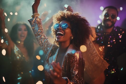 Young friends are dancing and enjoying nightlife in club with confetti