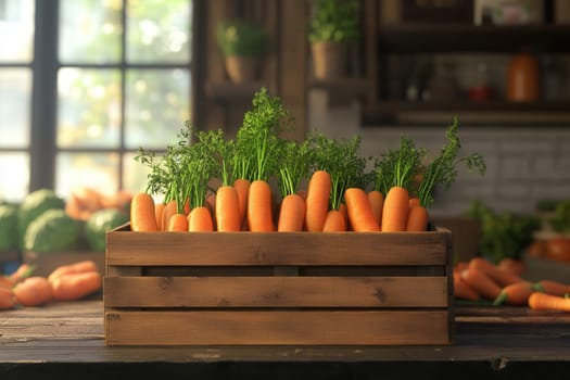 Freshly harvested carrots displayed in a wooden crate at a vibrant farmers market, showcasing the abundance of nature's bounty