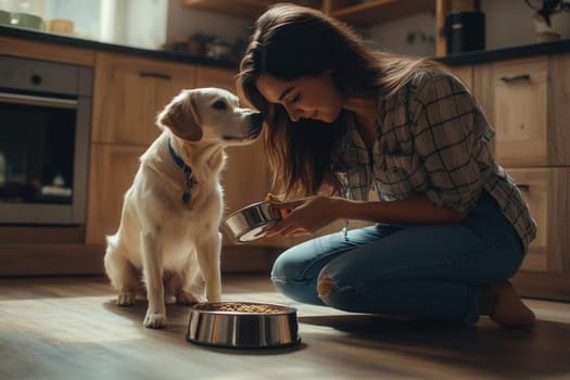 Young woman pouring food into bowl for her golden retriever dog in a modern kitchen
