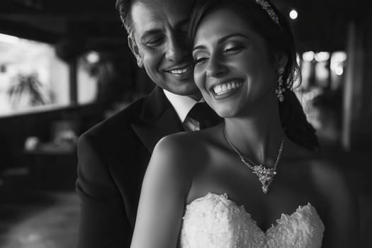 Groom embracing smiling bride during wedding reception in black and white